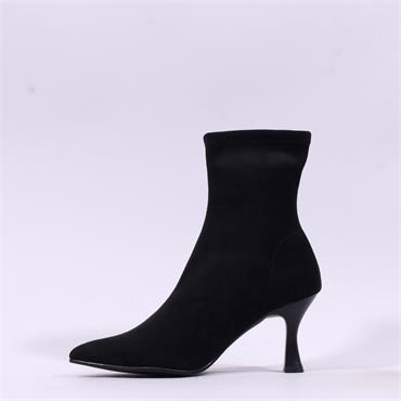 Miss Elastic High Heel Point Ankle Boot - Black Stretch